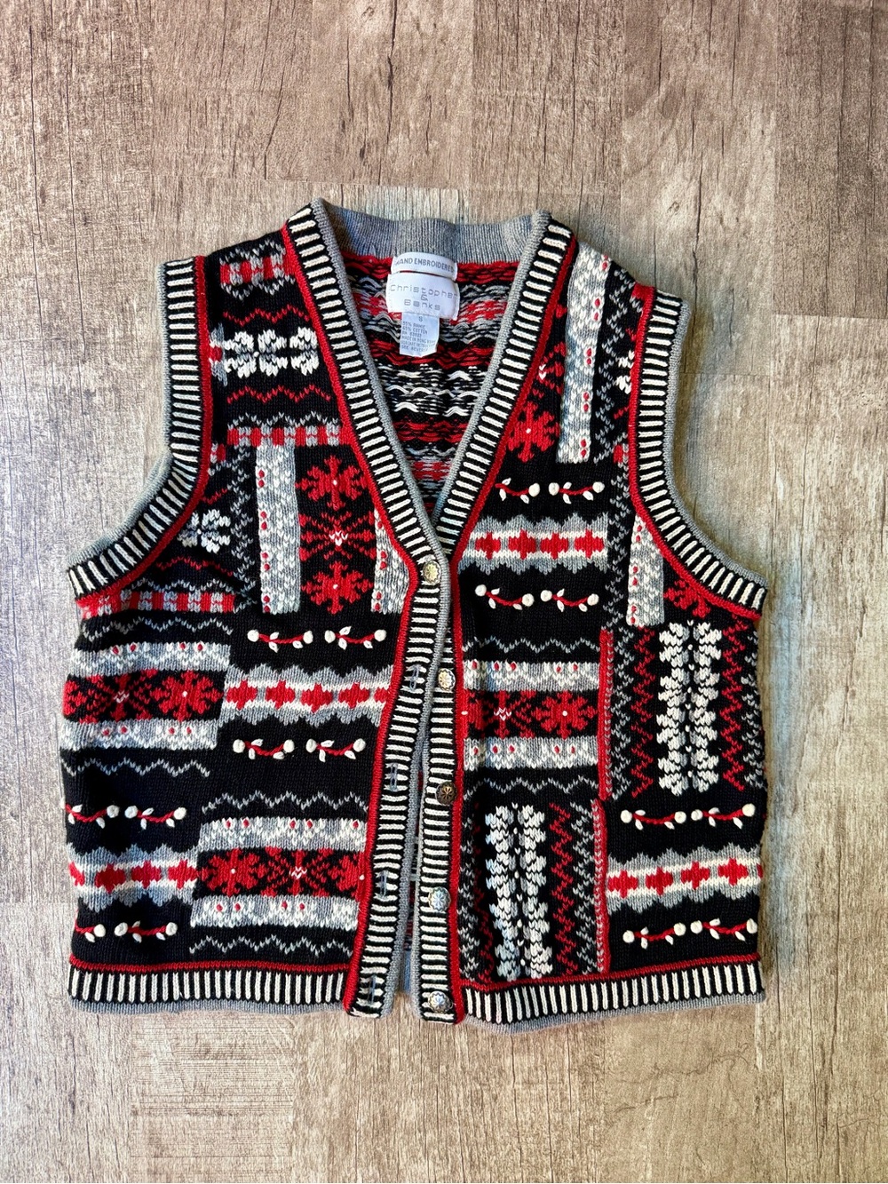 Vintage Christopher & Banks Patchwork Fair Isle Sweater Vest Black Red Grey